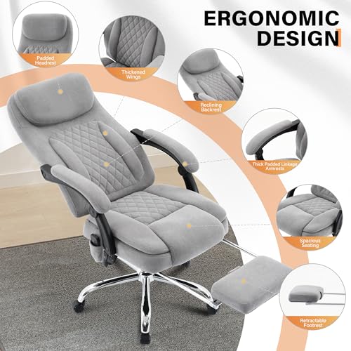 Image of 500LBS Massage Office Chair, 6 Points Vibration & Heat Executive Office Chairs, 135Reclining Comfy Desk Chair with Foot Rest, Wider & Thicker Seat Cushion, Fabric Big and Tall Gaming Chair, Grey