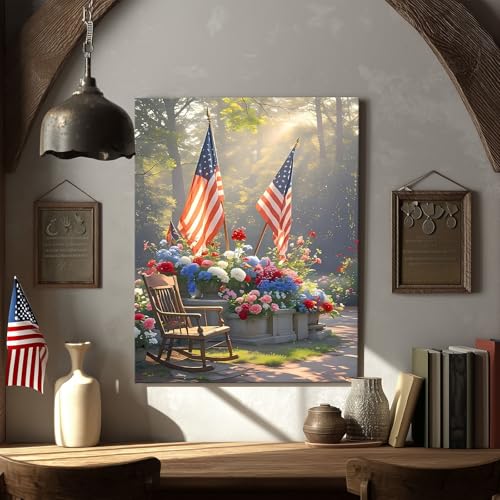 Image of Sunwes Memorial Day Canvas Wall Art, American Flag Rocking Chair and Morning Sunlight with Patriotic Flowers Print, Veterans Day Remembrance Wall Painting for Porch or Living Room 16x20inch