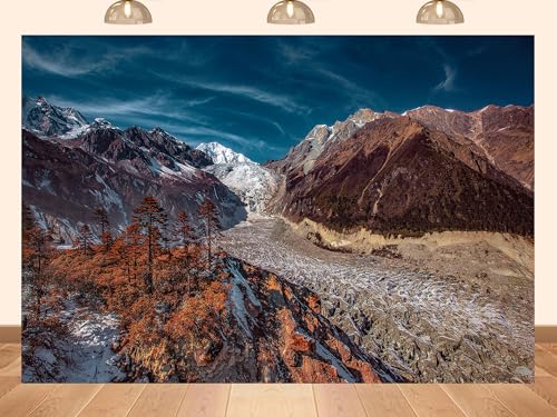 PEKRU 8x6ft Fabric Snowy Mountain Glacier Backdrop Red Pine Trees