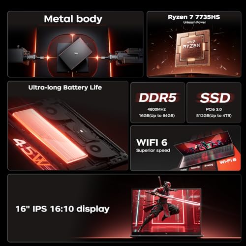 16.1" Gaming Laptop with Ryzen 7 7735HS Processor up to 4.75 GHz (Beat 13th i7-13800H), 8C/16T - 4800MHz 16GB RAM DDR5*2+512GB M.2 SSD,1200 FHD, HDMI, WiFi 6,12C Radeon 780M, Backlit Keyboard - Image 3
