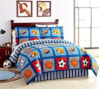 Boys Sports Patch Football Basketball Soccer Balls Baseball Blue Reversible Comforter Set (Full Size 8pc Bed in A Bag)