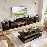 Nordivale 4-Piece Modern Living Room Table Set, Includes High Gloss 70' Fireplace TV Stand, LED Coffee Table and End Tables Set of 2 with Storage Drawers, Black