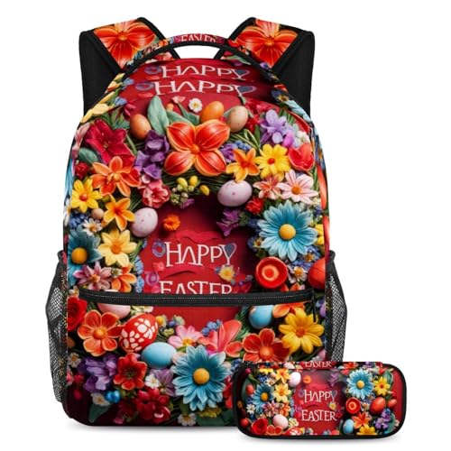 Sac à dos avec trousse motif couronne de Pâques rouge pour école et loisirs ados
