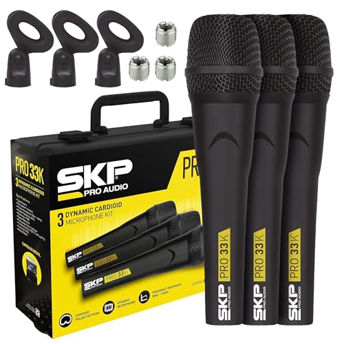 SKP Pro Audio Microfone para canto, shows, estúdio e eventos – Kit profissional de 3 microfones cardioides dinâmicos PRO-33K – Conectividade XLR – Inclui suporte de microfone e acessórios