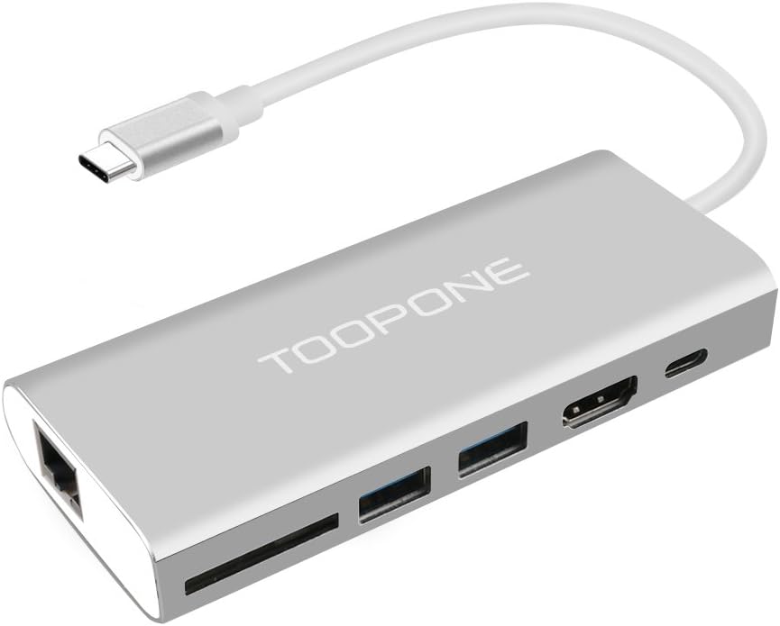 USB C Hub, TOOPONE 6-in-1 Type C Hub with 4K HDMI Port, RJ45 Gigabit Ethernet Pot, USB C Charging Port, 2 USB 3.0 Ports and SD Card Reader for Mac Book Pro (Silver)