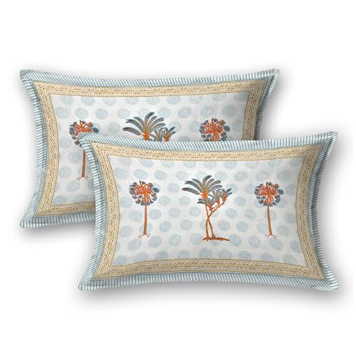 Image of BLOCKS OF INDIA Hand Block Printed 200 TC Cotton Super King Size Bedsheet(106 x 106) (Grey Orange Tree)
