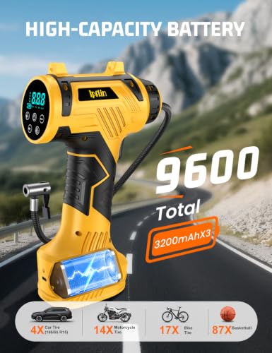 Image of 70% 0FF Tire Inflator Portable Air Compressor Built-in Battery, Dual Power | 3*3200 mAh & 12V DC, Auto Shut-Off, Digital Pressure Gauge, Faster Inflation Air Pump for Car Tires Motorcycle Bike Ball Gift