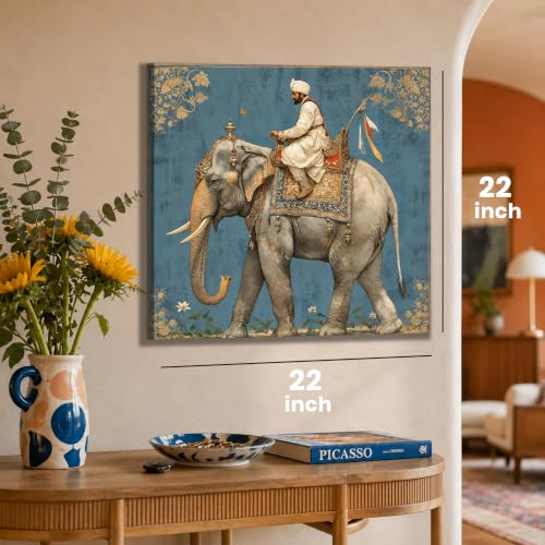 Image of PAINTINGMANTRA Digital Indian Art Man Riding Elephant Wall Decor Print Multicolor | Canvas Painting Stretched on Wood | Suits For Living Room, Bedroom, Hallways (22 Inch)