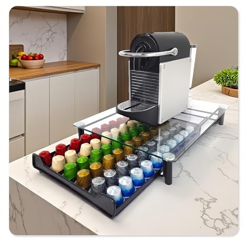 Coffee Capsule Holder 60 PCS Pod Storage Drawer and Machine Stand Compatible with Nespresso Original Line Pods Saving Kitchen Organizer Coffee Drawer