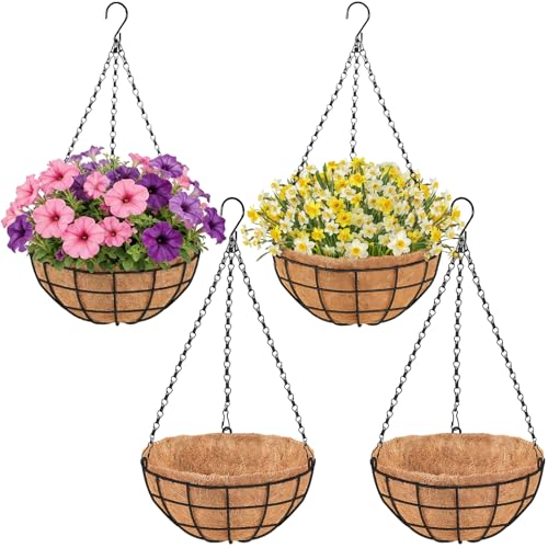 PIKAMAO 14 Inch Hanging Baskets for Plants Outdoor 4 Pack Large Hanging Planters for Outdoor Plants Round Metal Wire Hanging Flower Pots with Coconut Coir Liners for Garden Deck Porch Balcony