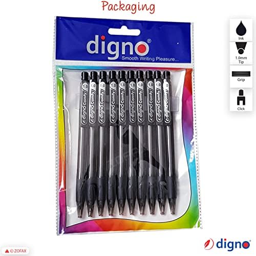 DIGNO Comfy-CL Retractable Ballpoint Pens, BLACK, 1.0mm Medium Point, Pack of 10, Rubber Grip, School Home Office Multipack, ZOFAX Black Ball Pen