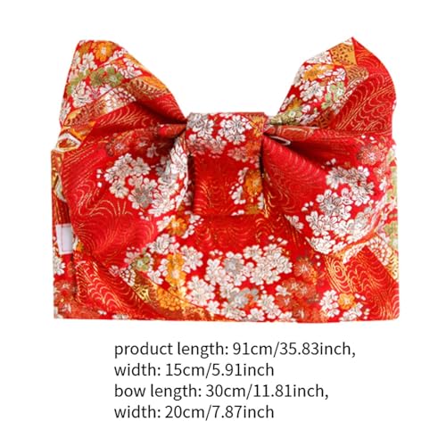 Japanese Kimono Obi Belt with Pre-Tied Bow for Women and Kids - Traditional Yukata Sash for Cosplay, Festivals, Photo Shoots (35.83x5.91 inch)- Red2