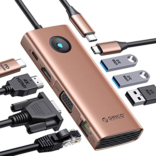 Image of ORICO USB C Docking Station, 8-in-1 Laptop USB C Dock with 4K HDMI, VGA, Gigabit Ethernet, 3*USB 3.0 & 1*USB 2.0, 100W Power Delivery Compatible with MacBook, iPad, Steam Deck or Other Type C Devices