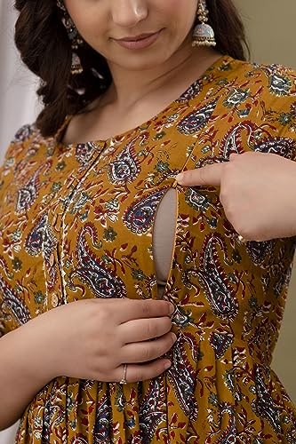 Image of Maternity Feeding Kurti for Women | Cotton Blend Anarkali Dress with Nursing Zip for Pre & Post Pregnancy