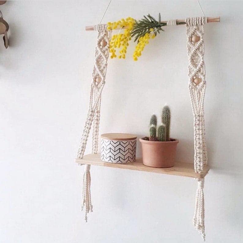 TheTopKnott The Top Knott Macrame Wall Hanging Shelf Cotton Rope Natural Pine Wood Swing Triangle Floating Shelf Modern Boho Decor for Living Room Dorm Bathroom Office Balcony 20inch L x 12 inch W