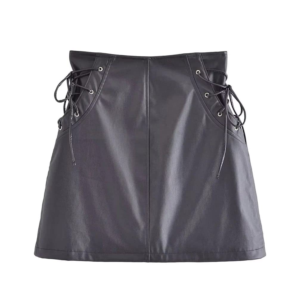 Röcke Damen,Damen-Minirock Schwarz High Waist Kordelzug Pu Hüftumwickelter Lederrock Mit Reißverschluss Schlanker A-Linie Einfarbiger Lässiger Kurzer Rock Für Mädchen Damen,S