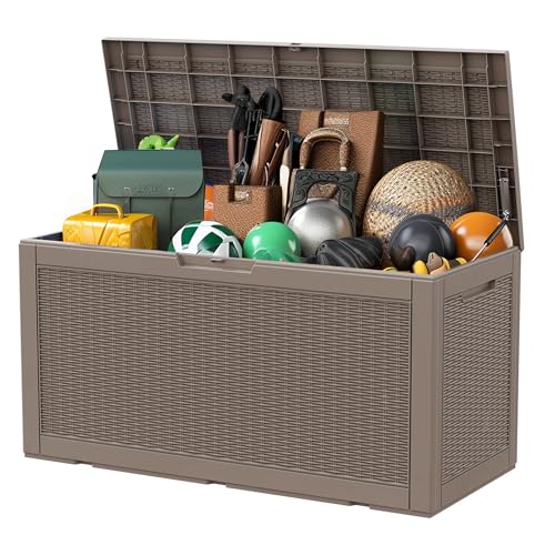 Vidacharmy - Large Garden Storage Box 380L / 100 Gallon, Colour Brown and Wood Effect, Water-Resistant Plastic Outdoor Locker with Lockable Lid for Furniture Cushions, Logs, Tools, PP Resin Material