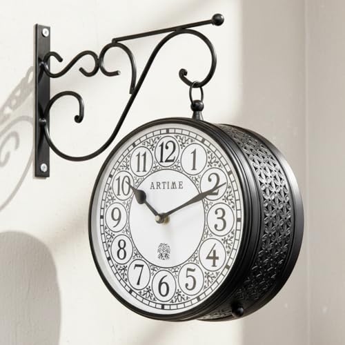 Image of Handcrafted Double Side Metal Analog Vintage Wall Clock | 1.5 Year Machine Warranty | 12 INCHES | 1 Side Number 1 Side Roman,Color Black