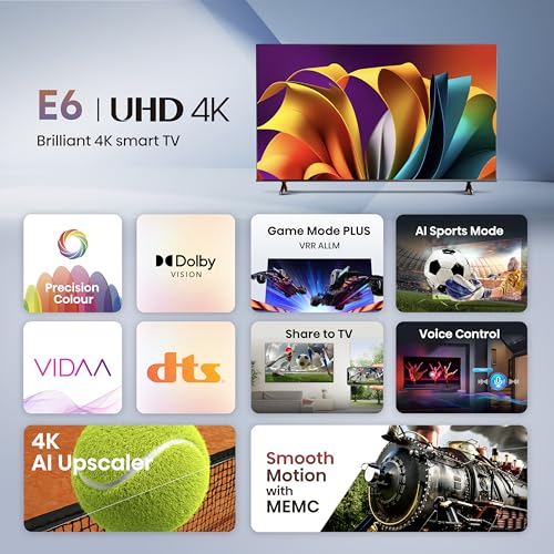 هايسينس تلفزيون ذكي 65 بوصة UHD 4K E6N-دولبي فيجن، وضع اللعب بلس، حركة سلسة مع ام ام ام سي، وضع رياضي بالذكاء الاصطناعي، تحكم صوتي، مشاركة للتلفزيون ويوتيوب ونتفليكس وديزني بلس وشاهد وانغامي، 65E6N