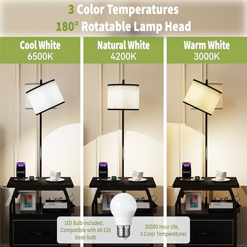 Image of runjuly Floor Lamp with Table, End Table with Charging Station&Light, Black