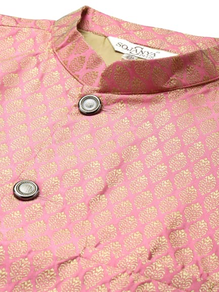 Image of SOJANYA Men's Silk Blend Printed Kurta & Pant With Nehru Jacket