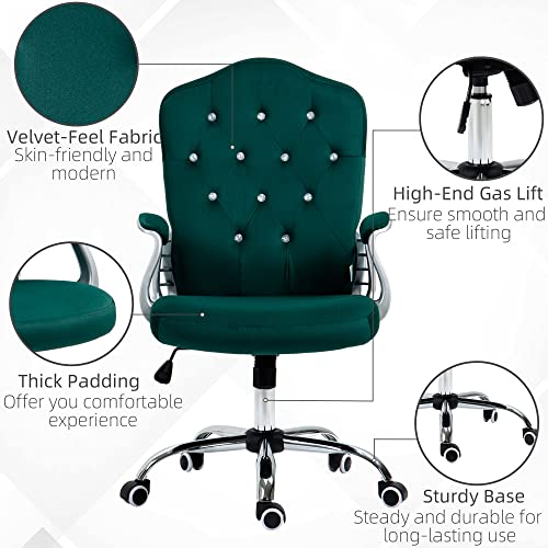 Vinsetto Home Office Chair, Velvet Computer Chair, Button Tufted Desk Chair With Swivel Wheels, Adjustable Height, And Tilt Function, Dark Green #TOP6