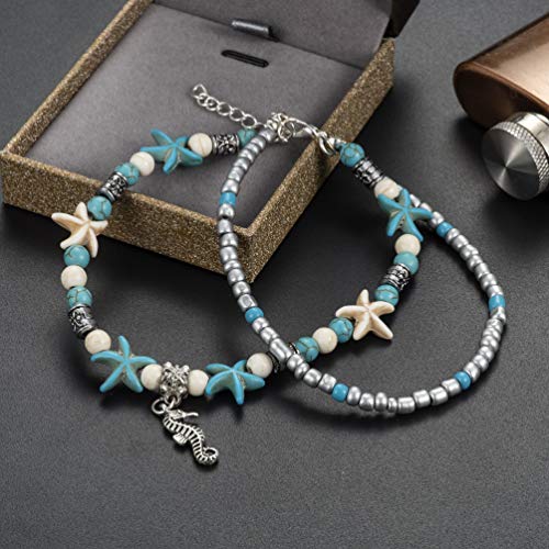 Image of Softones Blue Starfish Turtle Anklet Multilayer Charm Beads Sea Handmade Boho Anklet Foot Jewelry for Women