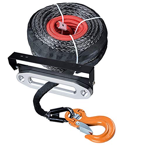 amopacorp 95 ft x 3/8 inch Synthetic Winch Rope with Flip-Up Hawse Fairlead Mounted License Plate Holder and Chrome 10 inch Aluminum Hawse Fairlead and Yellow Forged Steel Clevis Hook