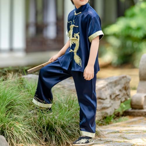 Image of Kids Boys Traditional Chinese Kung Fu Outfit Embroidery Dragon Tang Uniform Martial Arts Suits