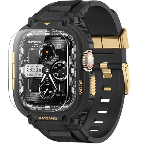 Image of amBand Compatible with Apple Watch Ultra 3 /2 /1 Bands for Men, M1 Sport Series Heavy Duty Case Tactical Strap and Screen Protector, Protective Cover Fits iWatch Ultra Bands for Men 49mm - Black Gold