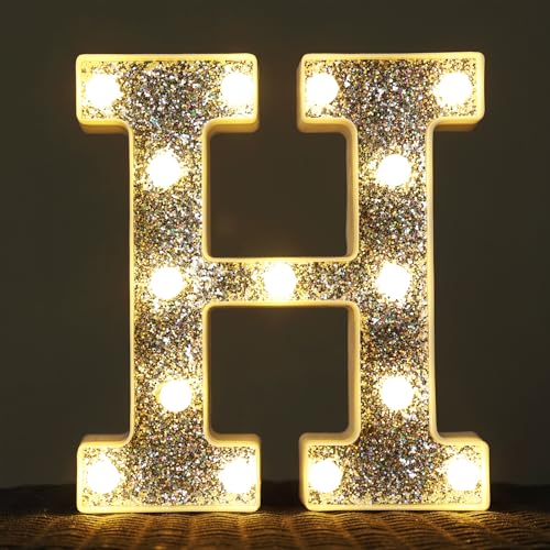 Image of LED Marquee Light Up Letters, 26 Alphabet Lighted Letter and 10 Number, Battery Powered Night Light for Room Decor, Home Birthday Wedding Bar Party Decoration, Shiny Silver Diamond (Letter H)