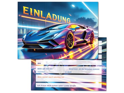 JuNa-Experten 12 Einladungskarten zum Kindergeburtstag Junge Kinder Rennwagen Rennauto Auto coole bunte Einladungen Geburtstag Geburtstagseinladungen Kids