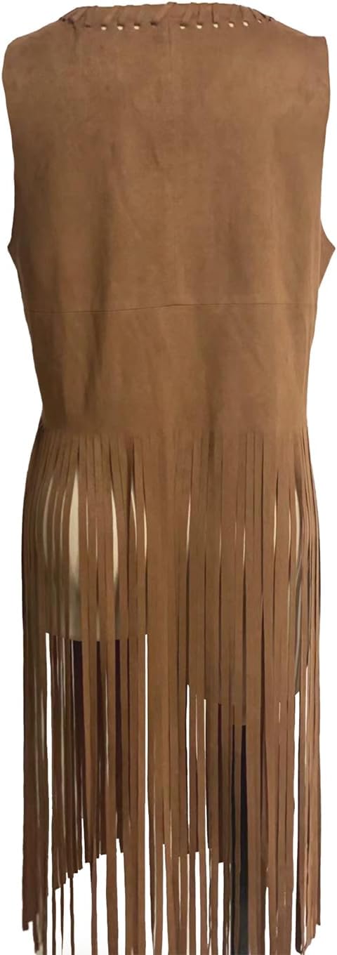 BJU Women's Fringe Vest 70s Hippie Costume Faux Suede Sleeveless Tassel Long Cardigan Jacket Cowgirl Western Tops Halloween - Image 4