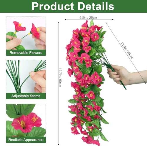 Image of Bassion 2 Pack Artificial Hanging Petunias Flowers for Outdoors, Rose Red | UV resistant, silk fake flowers, hanging morning glory trailing vines, porch garden spring summer planter decoration