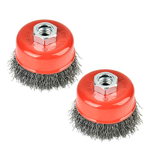 Image of Aain AA017 2 Pack Wire Wheel Brush Cup Brush Set, 3 Inch Crimped Cup Brush for Angle Grinder,5 /8-Inch-11 Threaded Arbor,Max RPM 12,500, Light-Duty Conditioning for Metal, Rust Removal, Abrasives