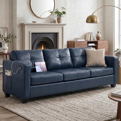 Image of TYBOATLE Faux Leather Blue Couch with USB, 3-Seater Sofa for Living Room | Leather Couch, Living Room Sofa, Mid-Century Modern, Tufted Design, Wider Arms, Side Pockets, Comfy Seating, Office, Bedroom