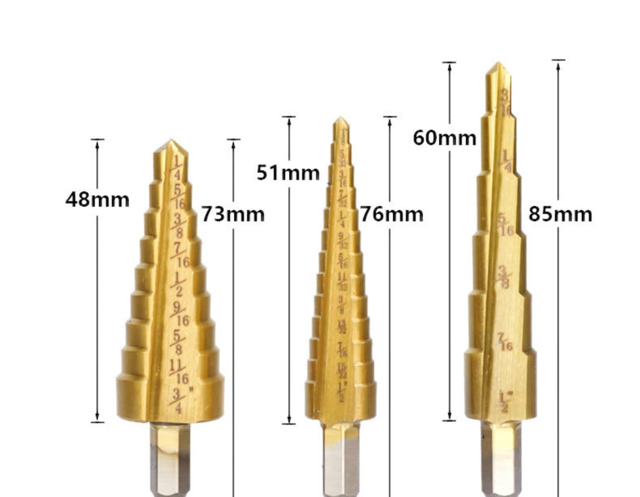 3 PCS Step Drill Bit Set, HSS Titanium Step Drill Bits 3/16" to 1/2", 1/4" Hex Shank Stepped Drill Bit for Stainless Steel, Aluminum, Wood, Plastic & Sheet Metal