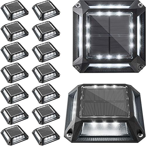 Solar Driveway Lights 16-Pack Bright White JACKYLED 12 LED Square Solar Dock Lights Outdoor Waterproof Wireless Security Warning Step Lighting for Driveway Pool Edge Deck Post Patio (Cool White)
