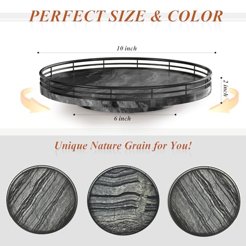 Image of Marble Lazy Susan Turntable for Table Top - 10 inch Round Ancient Wood Grain Marble Tray Organizer for Dining Table, Kitchen Countertop & Bar, Luxury Stone Serving Tray with Black Iron Frame