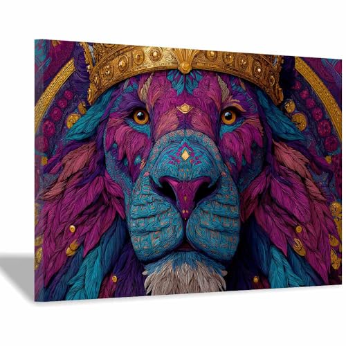 Toile lion abstrait violette 70x100cm grand format avec cadre intégré