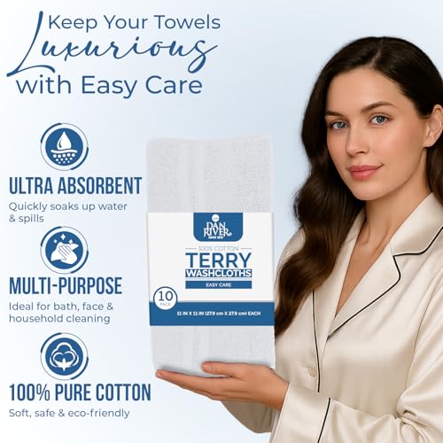 Image of DAN RIVER 10 Pack Wash Cloths for Showering [11x11] - 100% Cotton Washcloths Premium Quality Flannel Face Cloths for Bathroom, Highly Absorbent and Soft Feel Wash Clothes, White