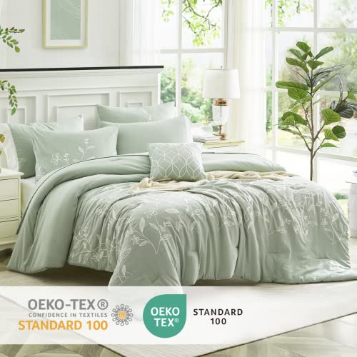 Mairêve Sage Green Queen Farmhouse Floral Embroidery, All Season Bed In A Bag With Comforters, Sheets, Pillowcases & Shams, Bedding Set 8 Pieces #TOP3