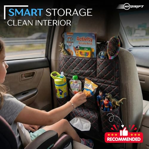 Image of Neodrift 'Seat Master' Premium 7D Car Seat Organizer With Folding Meal Tray, Universal Fit & Stylish Interior, Multipocket Storage for Bottles, Mobile, Keys and Documents & Tissues (Color: Black-Red)