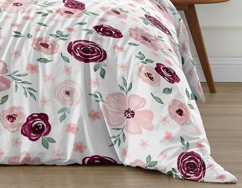 Image of Sweet Jojo Designs 2-Piece Twin Comforter Set (Red /Grey Boho Floral) for Girls, Kids, Teen, College Bed Room incl. Single Size Bedding & Sham (Watercolor, Flower, Elegant Rose, Farmhouse, Burgundy)