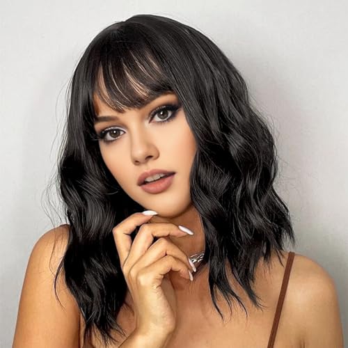 Image of AGO Natural Black Wigs with Bangs Short Bob Wig Shoulder Length Synthetic Hair for Women Girl Loose Wavy Wig Heat Resistant Fiber Hair for Daily Party Halloween Cosplay Use(2 /4#Black)