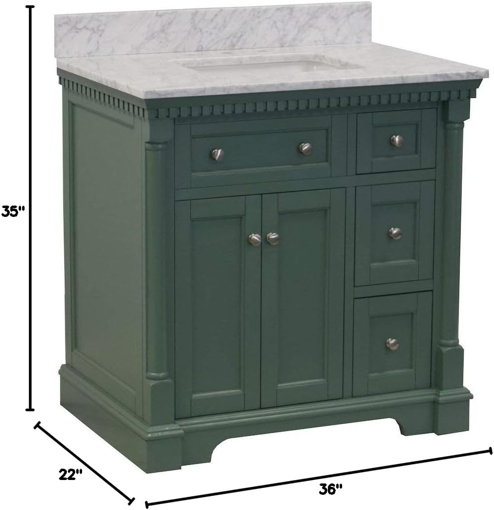 Sydney 36-inch Bathroom Vanity (Carrara/Sage Green): Includes Sage Green Cabinet with Authentic Italian Carrara Marble Countertop and White Ceramic Sink