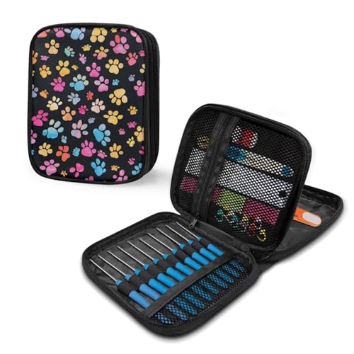 Image of Crochet Hook Case Dog Paw Crochet Hook Holder Portable Crochet Hook Storage Bag with Web Pockets Suitable for Crochet Needles /Knitting Accessories