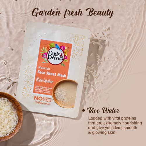 Image of Buds & Berries Rice Water Nourishing Ultra-hydrating Face Sheet Mask | Infused with Serum | All Skin Types | No Paraben, No Sulphate, No Silicone (25 gm)