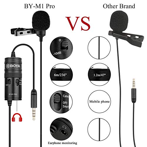 Image of Boya BY-M1 Pro Omnidirectional Lavalier Condenser Microphone with Gain control, Headphone-out, Noise cancellation for iPhone Android Smartphone DSLR Camera Camcorder Audio Recorder YouTube(20ft Cable)