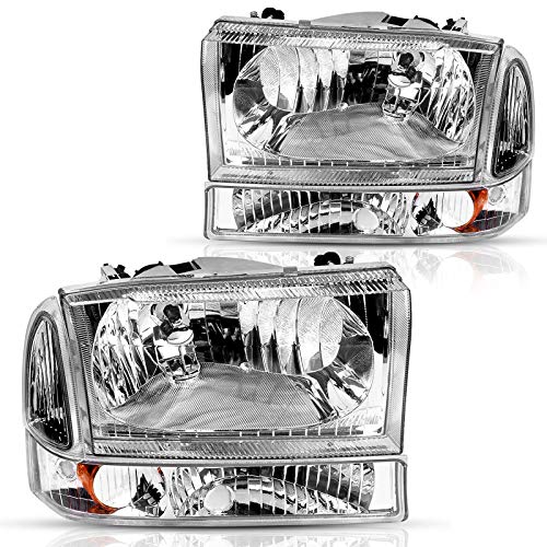 DWVO Headlight Assembly Compatible with 1999-2004 Ford F-250 F-350 F-450 F-550 Super Duty Pickup Truck + Signal Lamps Chrome Housing Clear Lens Amber Reflector